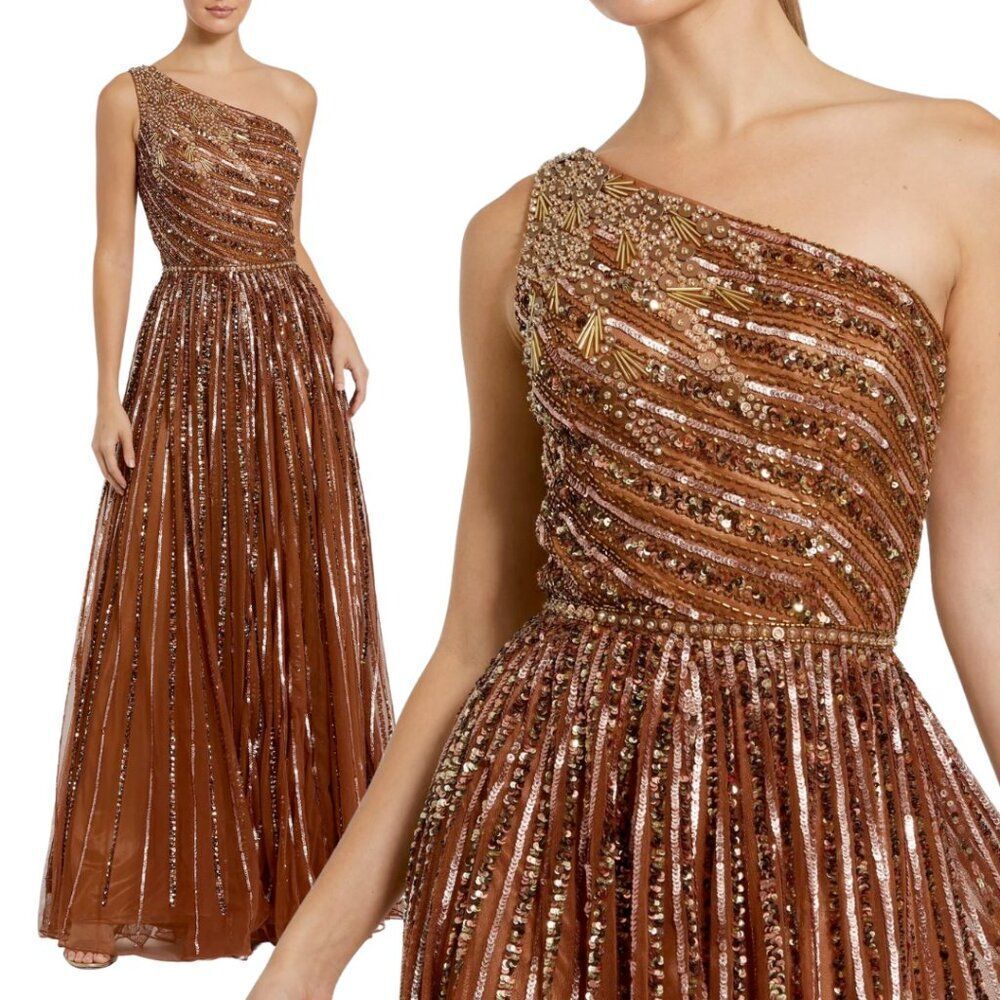 Mac Duggal 5220 Size 10 Copper Brown Sequin One Shoulder‎ Gown Long Maxi Dress